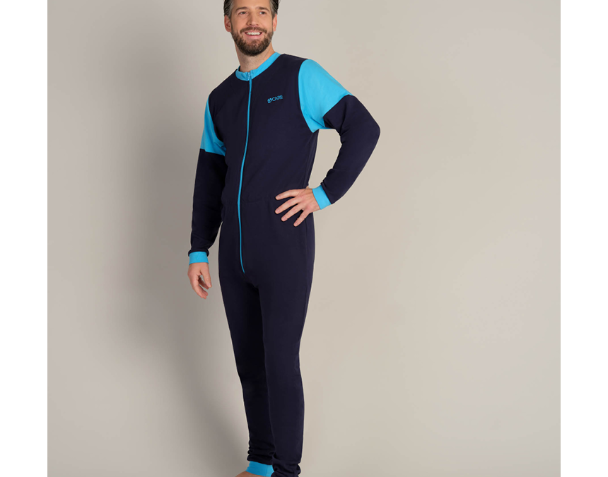 Onepiece med dragkedja fram i bomullstrikå långa ben Unisex 1012