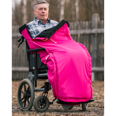 rosa cerise åkpåse benskydd teddy ull