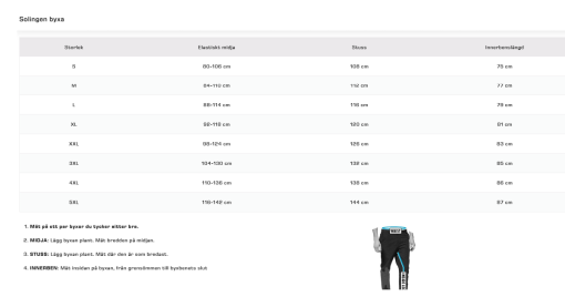 Solingen Byxa Stretch Unisex Svart 4 vägs dragkedja storlekstabell
